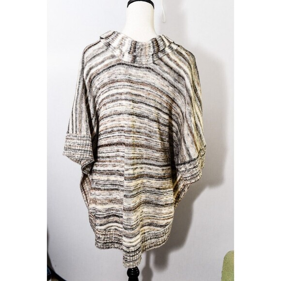 Leo Nicole pullover Sweater Medium Brown Multicolor Shawl Collar Poncho Knit M - Picture 2 of 6